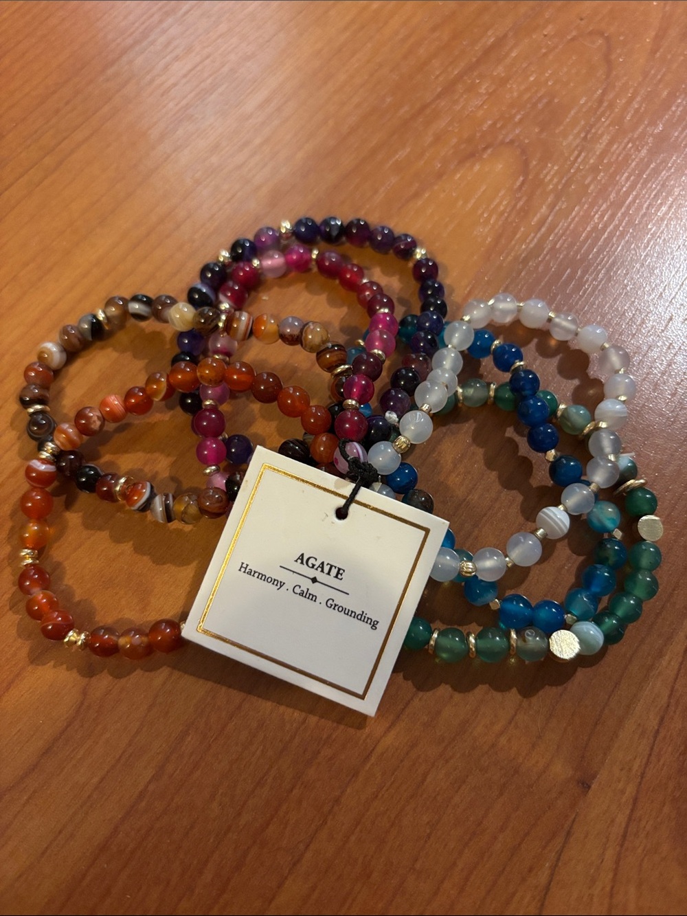 Agate Bead Stretch Bracelet Set - Multicolor Beads with Gold Accents